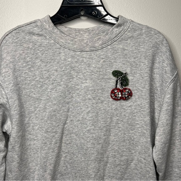 Women’s Gray Crew Neck Sweatshirt Embellished Cherry Appliqué Rhinestone Size Sm - Picture 6 of 9